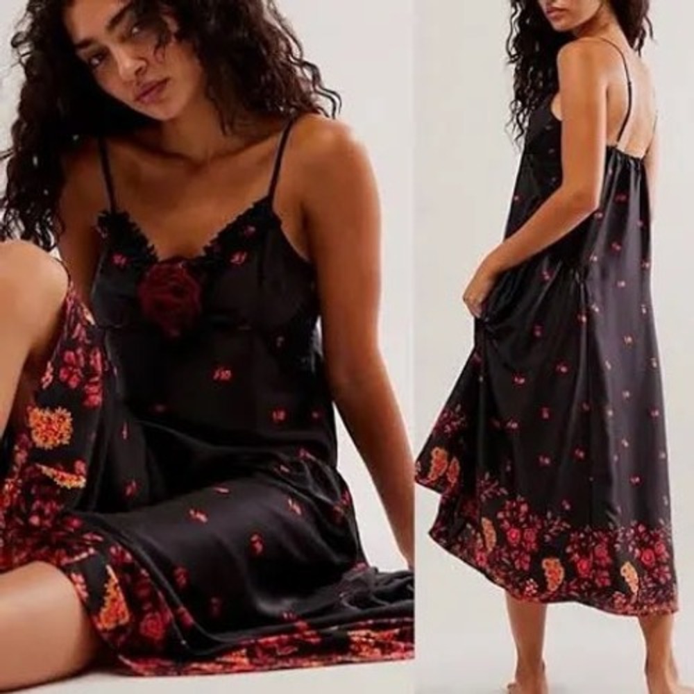 Free People‎ On My Own Floral Satin Nightgown Black Red Midi Slip Dress Small